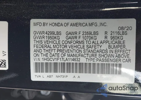 2020 Honda Accord Lx from USA, damaged, VIN 1HGCV1F17LA114632